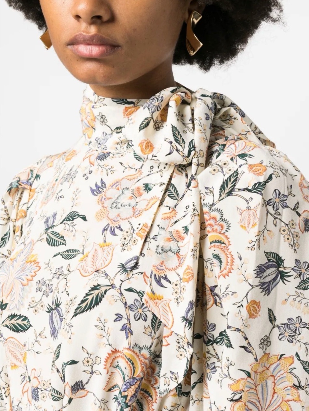Ulla Johnson Cream Floral Long-Sleeve Tie-Neck Dress